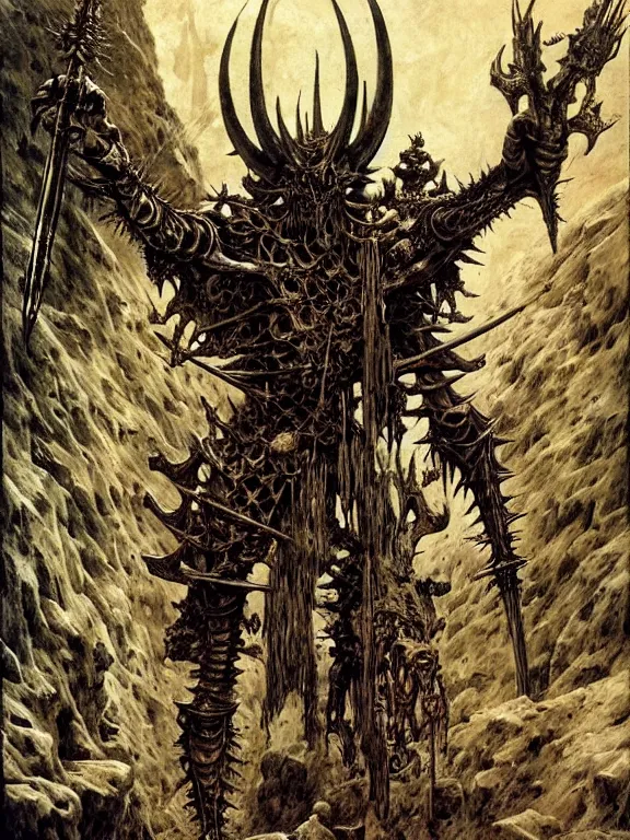 Prompt: A spiky horned skeleton with armored joints stands in a large cave with a huge weapon. Extremely high detail, realistic, fantasy art, solo, masterpiece, saturated colors, bones, art by Zdzisław Beksiński, Arthur Rackham, Dariusz Zawadzki