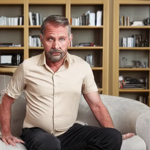 Image similar to full body photo of steve, mature male, mysterious face. he is sitting gracefully on a sofa, elegant slim beige shirt, tight shirt, pumped belly