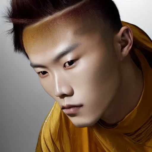 Prompt: a beautiful young male korean model wearing a hairsculpture made of hair and gold string, photoshot by erwin olaf