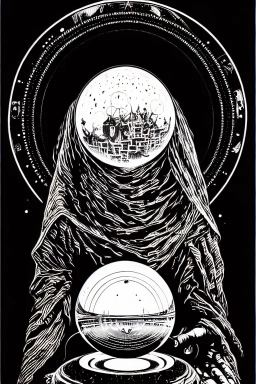 Image similar to cloaked steampunk wizard gazing into a crystal ball, high details, intricately detailed, by vincent di fate, inking, 3 color screen print, masterpiece, trending on artstation,, sharp, details, hyper - detailed, hd, 4 k, 8 k