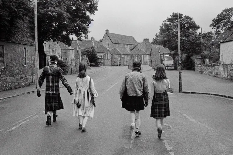 Image similar to three people walking in an empty street in a remote Scottish village on a cloudy morning during the pagan feast of the wicker man, photojournalism, 1967, photorealism, very realistic, in the style of Midsommar, 50mm lens, Kodak 5219 film