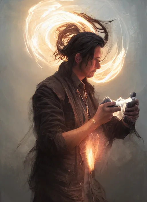 Image similar to portrait of a man with long black hair in brown rags holding a glowing device, fantasy, digital painting, volumetric light, intricate, sharp, focus, bloom, illustration, highly detailed, concept art, matte, ruan jia, randy vargas, greg rutkowski