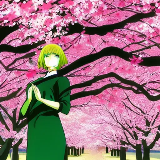 Prompt: anime key visual of a woman with short green hair wearing a black saree meditating near a japanese spring surrounded by cherry blossom trees by ilya kuvshinov and satoshi kon