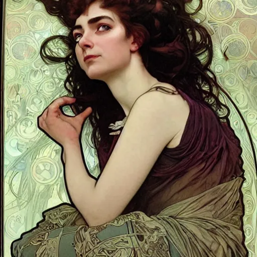 Prompt: realistic detailed face portrait of actor rowan atkinson by Alphonse Mucha, Ayami Kojima, Amano, Charlie Bowater, Karol Bak, Greg Hildebrandt, Jean Delville, and Mark Brooks, Art Nouveau, Neo-Gothic, gothic, rich deep moody colors
