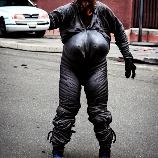 Prompt: uhd candid photo of dirty, homeless shie lebeouf wearing bizarre codpiece, ranting in a gimpsuit in the street. skid row. correct face, accurate face, exaggerated features, intricate details, intricate gimpsuit, hyperdetailed, accurate face. photorealistic. photo by annie leibowitz