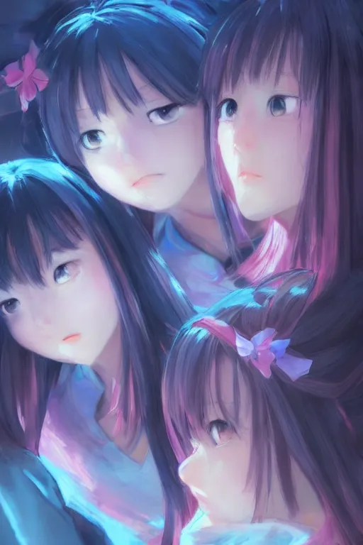 Prompt: 3d infrared octane render concept art by Mo Xiang Tong Xiu, by Igarashi Daisuke, by makoto shinkai, cute beauty cozy portrait anime sad schoolgirls under dark pink and blue tones, mirror room. light rays. deep water bellow. beautiful pretty and cutest sad face. contrast light. dramatic deep light, trending on artstation, oil painting brush