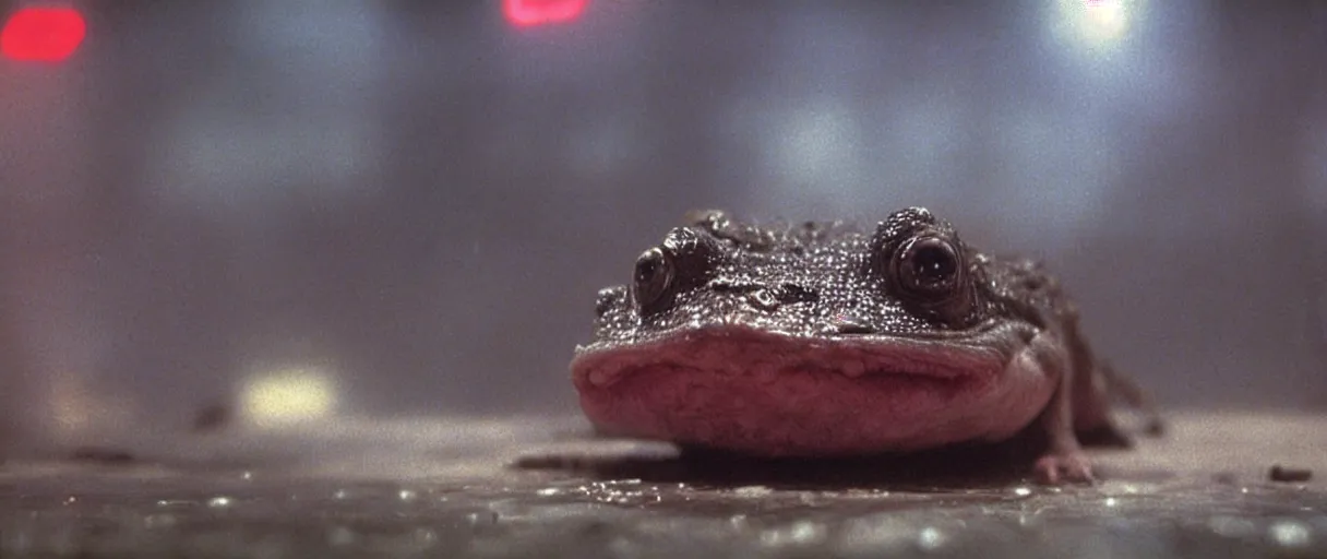 Prompt: Close up of a happy Lepidobatrachus laevis facing the camera in a still from the movie Blade Runner (1982), high quality, rain, rain drops, cold neon lighting, 4k, night, award winning photo, beautiful