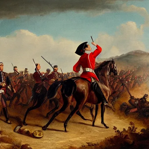 Image similar to cinematic shot of Kim Kardashian dressed as a military officer leading a charge in an open field, 1800s, oil on canvas, dramatic,