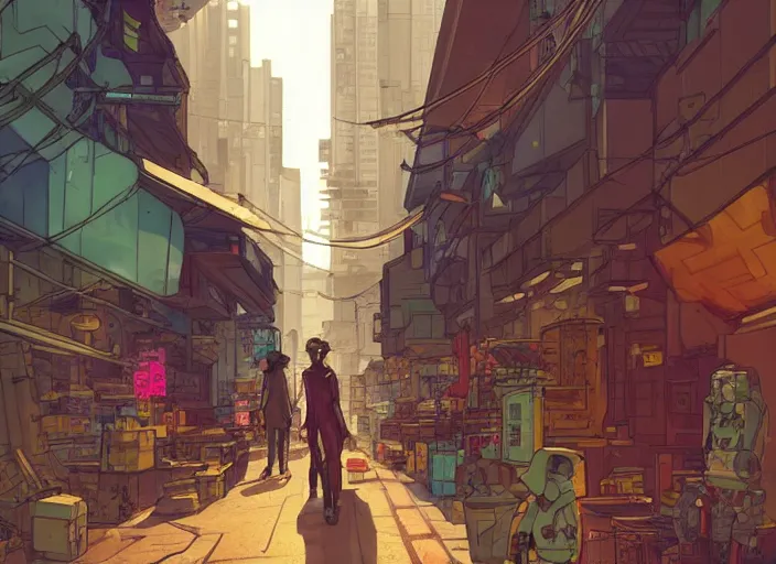 Image similar to a cyberpunk hong kong alley with robots and humans walking around by moebius, pixar color palette, clear details, ground level