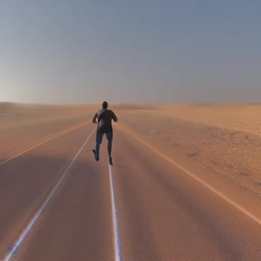 Image similar to benjamin netanyahu running in the middle of the desert, highly realistic, golden lighting, 8 k, cinematic, detailed