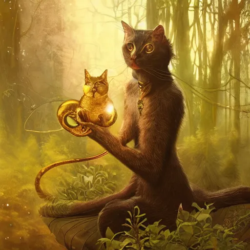 Image similar to metallic gold cat creating magic in the gnarly forest at night by tom bagshaw, mucha, karl kopinski, trending on artstation, 8k, denoised, crisp, hd