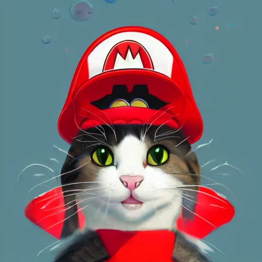 Image similar to Portrait of a Kawaii Cat dressed as Super Mario, Mario hat, nintendo, highly detailed, digital painting, artstation, concept art, smooth, sharp focus, illustration, art by artgerm and greg rutkowski and alphonse mucha