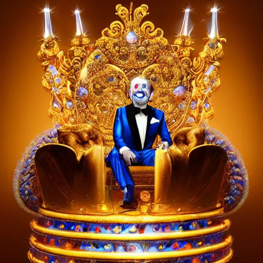 Image similar to shining giant throne made of millions of diamonds, gold and sapphires with thousands of light reflections, and a clown on a tuxedo suit is sitting on the throne while handing an earth model, dramatic light, digital painting, ultradetailed, artstation, oil painting