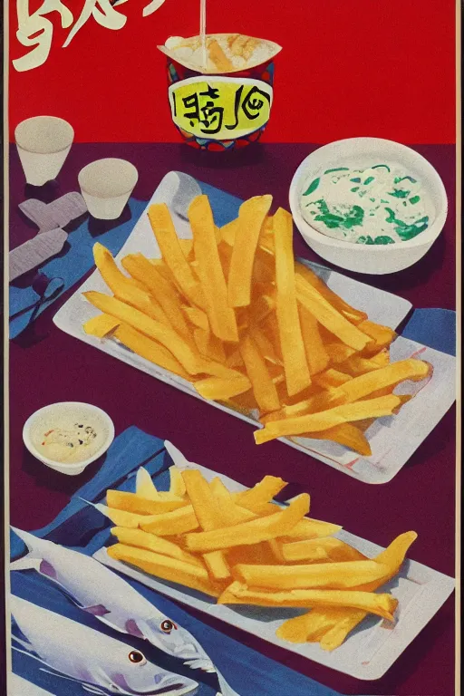 Prompt: fish and chips advertisment, still life, 1 9 7 0 s japan shouwa advertisement, print, nostalgic