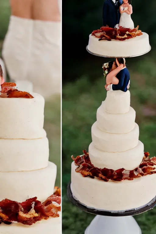 Image similar to a wedding cake made of bacon, professional food photo, bride and groom on top of the wedding cake,