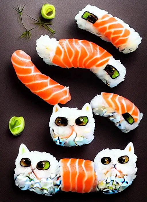 Image similar to clear photorealistic picture of adorable cats made out of sushi