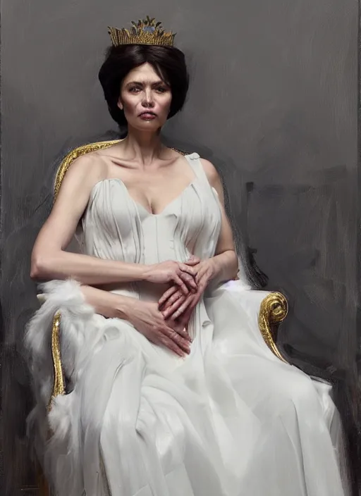 Prompt: irina meier dressed like a queen on a throne, calm, fantasy character portrait, dynamic pose, above view, artwork by jeremy lipkin and giuseppe dangelico pino very coherent asymmetrical artwork, sharp edges, perfect face, simple form, 1 0 0 mm