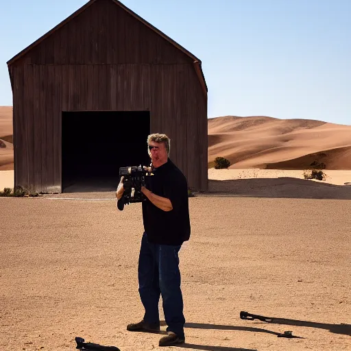 Image similar to alec baldwin shooting someone standing in a desert barn