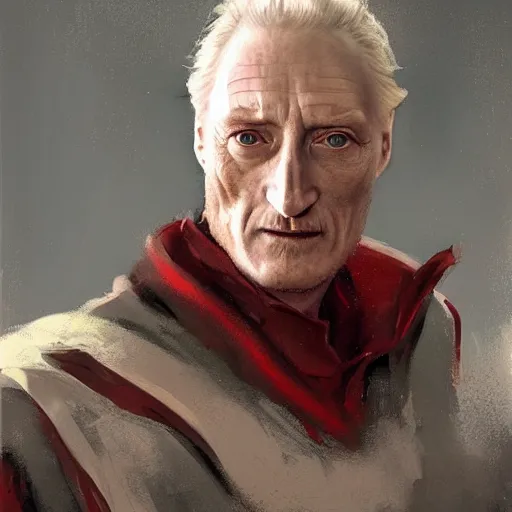 Image similar to portrait of a man by greg rutkowski, he looks like charles dance, star wars expanded universe, he is about 7 0 years old, wearing white and red chancellor clothes of the galactic triunvirate.