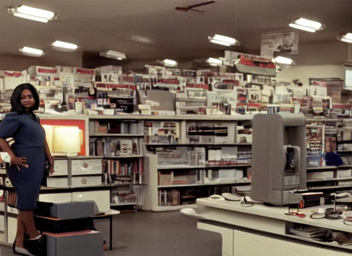 Image similar to cinematic shot of octavia spencer in an small used electronics store, iconic scene from the paranoid thriller sci fi film directed by stanley kubrick, anamorphic cinematography, beautiful composition, color theory, leading lines, photorealistic, volumetric lighting, f / 2 2