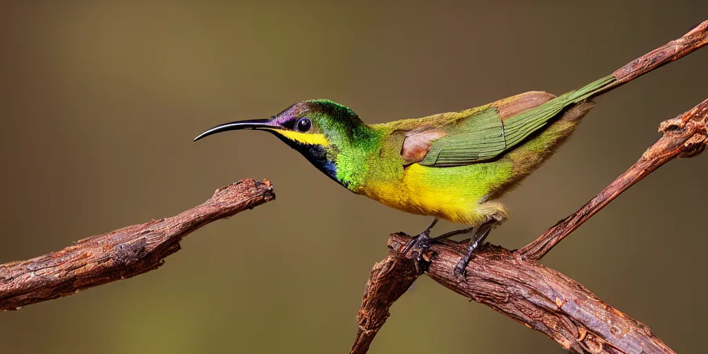 Prompt: a photorealistic hyperrealistic award winning nature photo of a beautiful brown - throated sunbird perched on a branch, 4 0 0 mm f 4 lens, beautiful dynamic dramatic moody lighting, contrast and shadows, cinematic atmosphere, 8 k