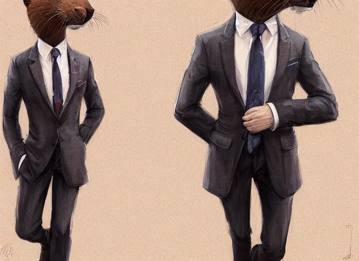 Image similar to well proportioned, stylized expressive master furry art painting by blotch and rukis of an anthro otter, headshot, wearing suit and tie, walking to his job character portrait feature stylized by charlie bowater, ross tran, artgerm, makoto shinkai, detailed, soft lighting, rendered in octane