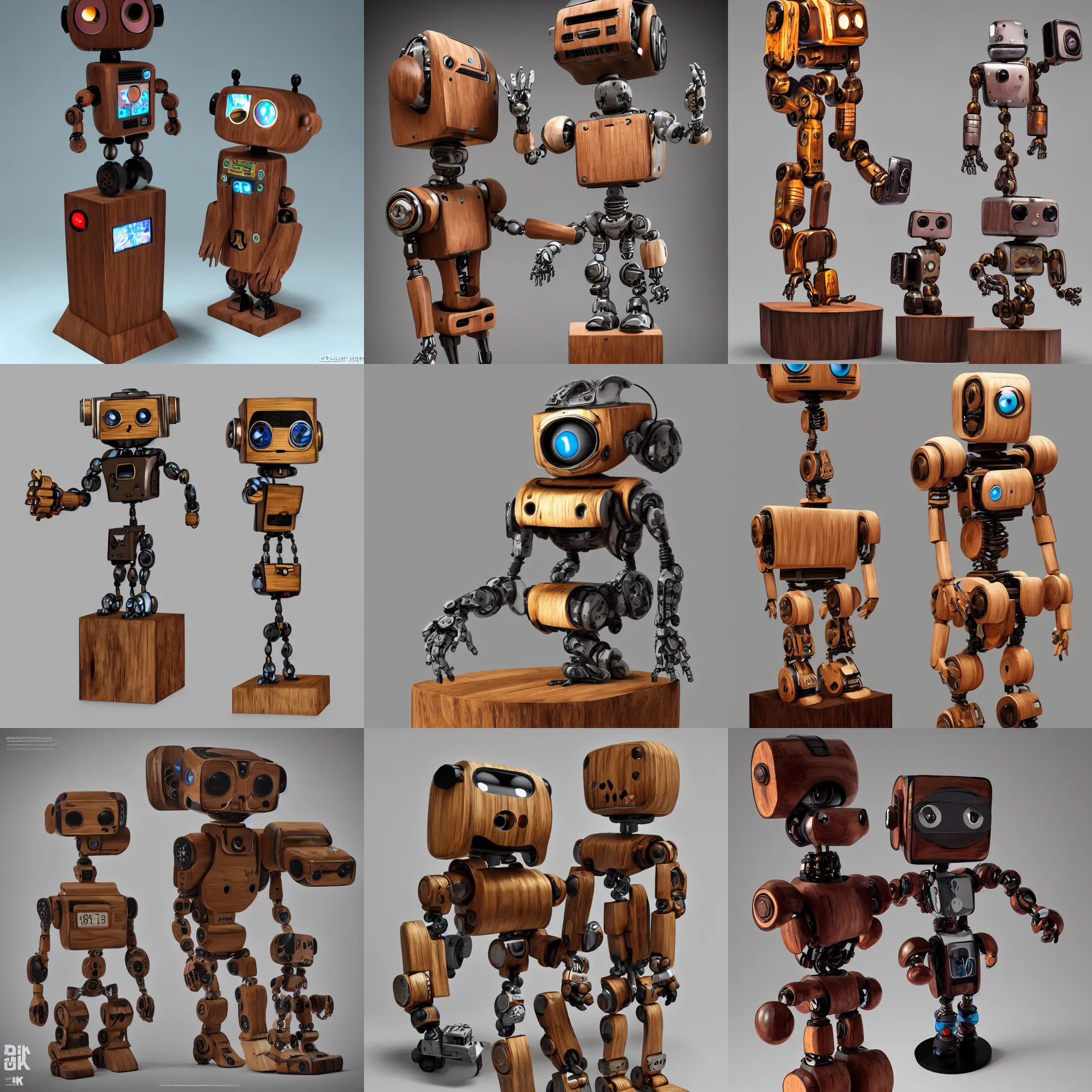 Prompt: 8 k photorealistic, a wooden art toys on a pedestal, cute robot wooden, cyberpunk, concept art, contemporary art gallery, art by dean roger