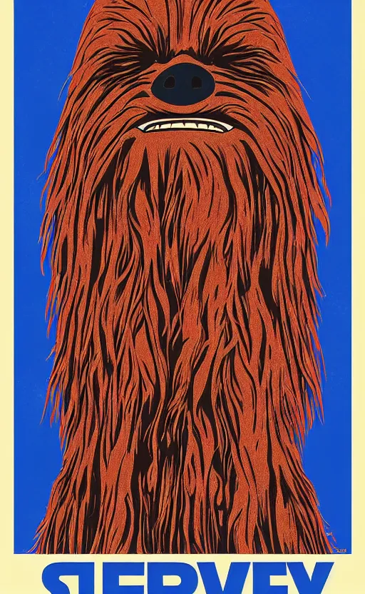 Image similar to chewbacca presidential election poster showing close up of chewbacca face red and blue duotone by sheperd fairey no text