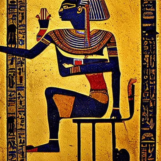 Image similar to a fragment of ancient egyptian hierographic panel Art, art of A person using a computer in art style of ancient art, fragmented, a person using a computer!!!!! Ancient Egypt art