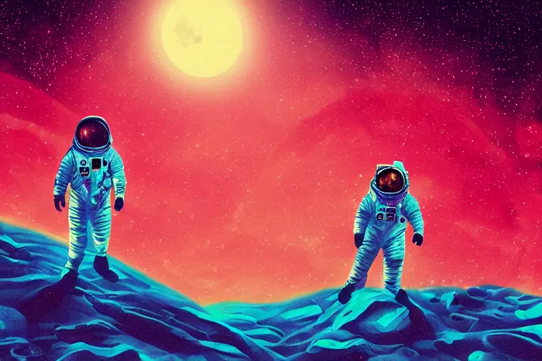 Image similar to an astronaut laying on mars in the style of flooko, acrylic art, detailed, moonlight, red lighting, bokeh, synthwave, psychedelic, glitch, neon,