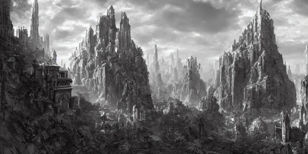 Prompt: A photograph of a fantasy city composed of huge stone towers atop a cliff, Piranesi, artstation