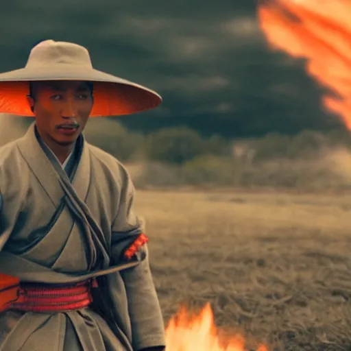 Image similar to cinematic film still Pharrell Williams starring as a Samurai that is on fire, Japanese CGI, VFX, 2003, 40mm lens, shallow depth of field,film photography