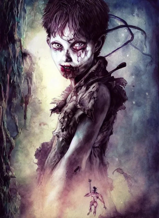 Image similar to portrait, zombie peter pan with tinkerbell, watercolor, dramatic lighting, cinematic, establishing shot, extremly high detail, foto realistic, cinematic lighting, pen and ink, intricate line drawings, by Yoshitaka Amano, Ruan Jia, Kentaro Miura, Artgerm, post processed, concept art, artstation, matte painting, style by eddie mendoza, raphael lacoste, alex ross