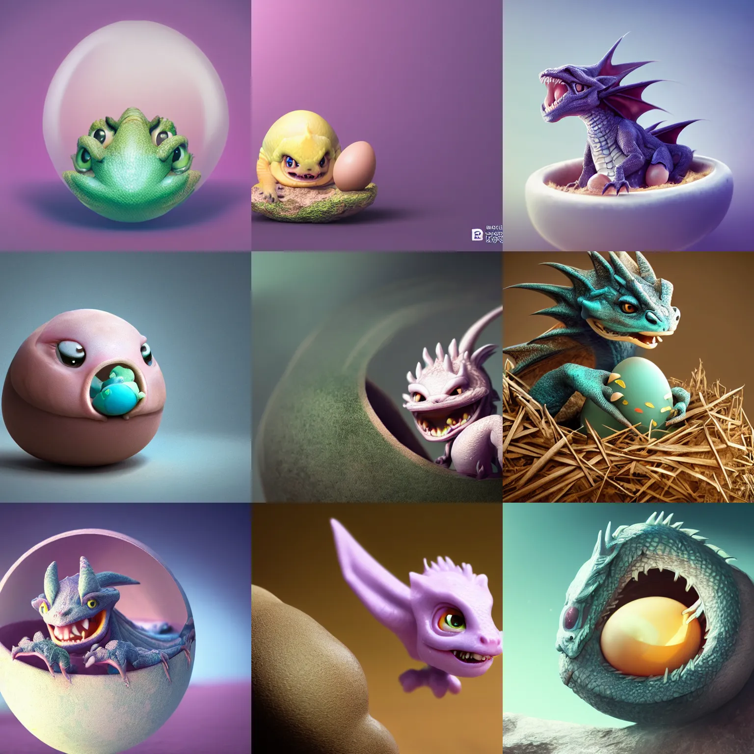 Prompt: a young baby dragon yawning and poking its head out of a cracked egg, newly hatched dragon, very cute, very tiny, adorable, pastel colors, award-winning digital art, octane render