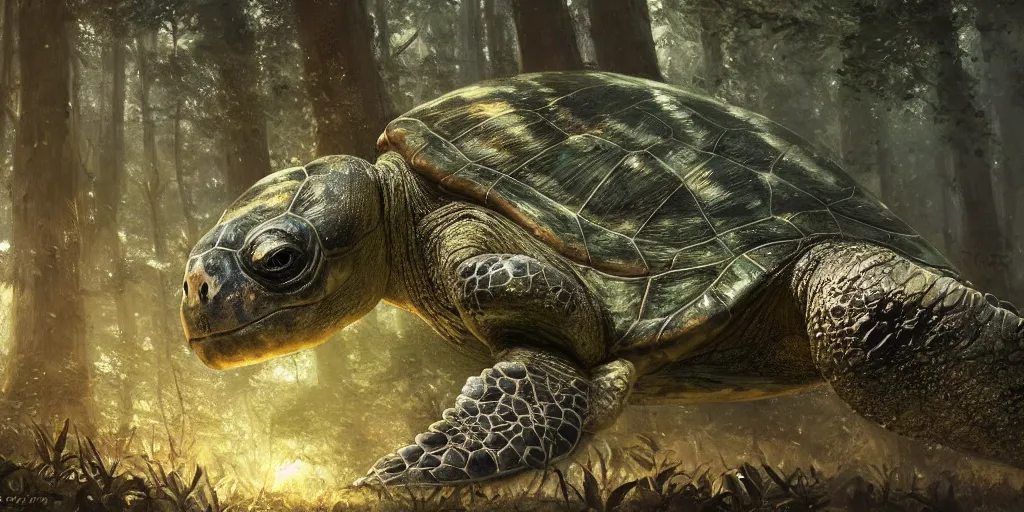 Image similar to a huge ancient turtle with a forest on top of its shell, greg rutkowski, 8 k, shallow depth of field, intricate detail, concept art,