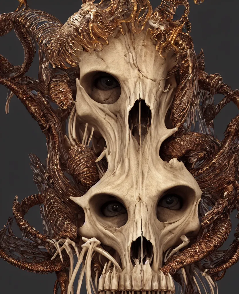 Image similar to close-up macro portrait of the face of a beautiful princess with ram animal skull mask, epic angle and pose, ribcage skeleton symmetrical artwork, 3d with depth of field, blurred background, cybernetic jellyfish female face phoenix bird, translucent, nautilus, energy flows of water and fire. a highly detailed epic cinematic concept art CG render. made in Maya, Blender and Photoshop, octane render, excellent composition, cinematic dystopian brutalist atmosphere, dynamic dramatic cinematic lighting, aesthetic, very inspirational, arthouse. y Greg Rutkowski, Ilya Kuvshinov, WLOP, Stanley Artgerm Lau, Ruan Jia and Fenghua Zhong