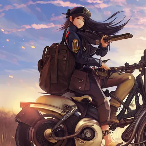 Prompt: anime style, panoramic view, a girl riding a motorbike, symmetrical facial features, vintage, soldier clothing, battlefield in background, hair down, real faces, from arknights, hyper realistic, 4 k, extreme detail, trending artstation, safebooru, realistic lighting, by alphonse mucha, greg rutkowski, sharp focus