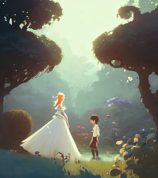 Image similar to a princess and a prince near face to face in the beautiful garden by atey ghailan, by greg rutkowski, by greg tocchini, by james gilleard, by joe fenton, by kaethe butcher, dynamic lighting, gradient light blue, brown, blonde cream and white color scheme, grunge aesthetic