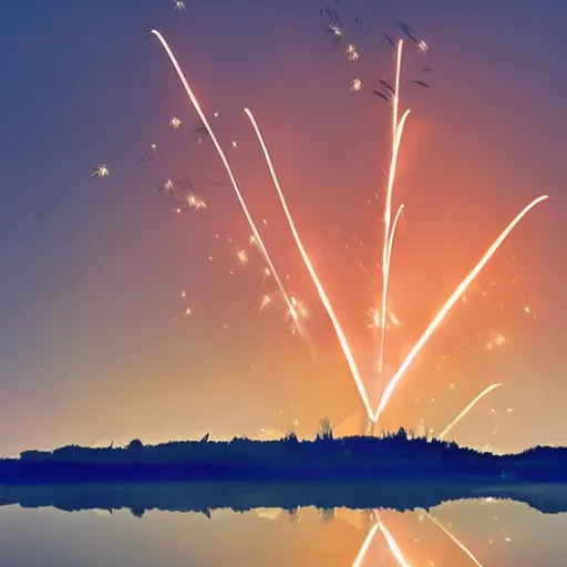 Image similar to lovebird watching fireworks show at a lake, reflective, sunset, landscape photography, nature, stones