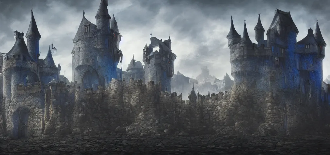 Image similar to A digital concept art painting of a dark blue medieval fantasy european ghotic castle with black brick in desert, 4K UHD image, unreal engine