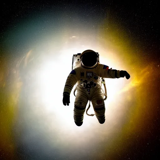 Image similar to photograph of an astronaut against the pitch black darkness of space, full body photo, lit from below, amazing light and shadow contrast,, 8 k