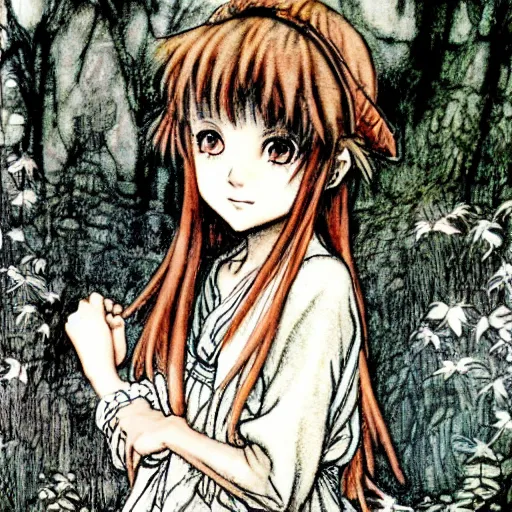 Image similar to photo of a cute young anime-style girl in the style of Arthur Rackham, realistic, wide focus, 8k ultra, insanely detailed, intricate, elegant, art by Laurie Lipton, digital art by James Clyne, art by Steve Hanks