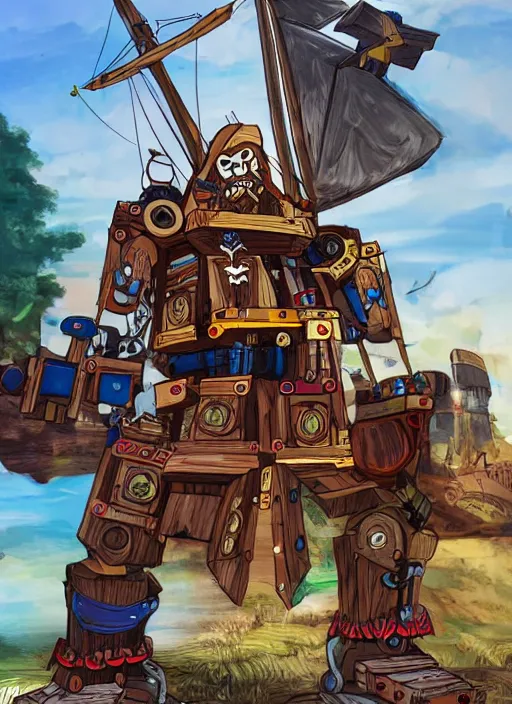 Image similar to A bearded pirate driving a giant wooden bipedal autobot transformer made out of pirate ship, mech suit, canons on arms, wooden mast for legs, sails, digital art