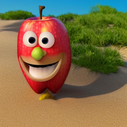 Prompt: a smiling apple character on the beach, sunny day, pixar render