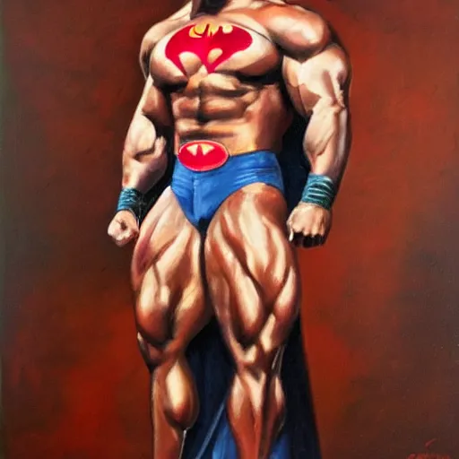 Image similar to A portrait painting of a masculine bodybuilder in the clothing of the Batman