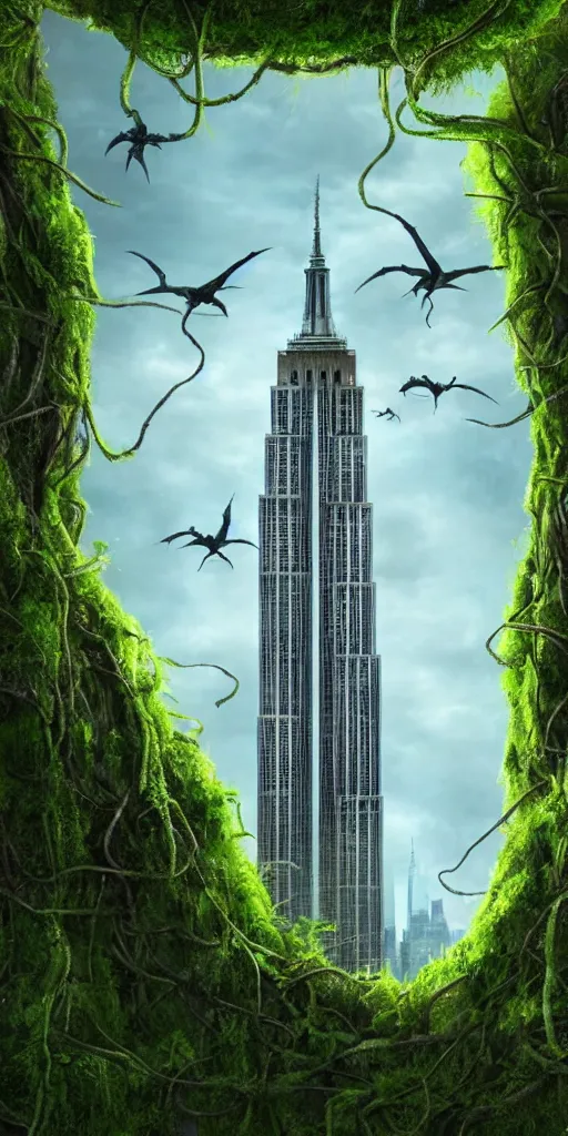 Image similar to an epic view of the ecotopic empire state building covered in vines and moss, jungle, with pterosaurs flying, close - up, low angle, wide angle, atmospheric, volumetric lighting, cinematic, 8 k, octane render, unreal engine, very realistic, highly detailed digital art, painted by tyler edlin