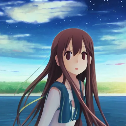 Image similar to wlop art: yuuki asuna sitting at the beach watching saturn in the sky