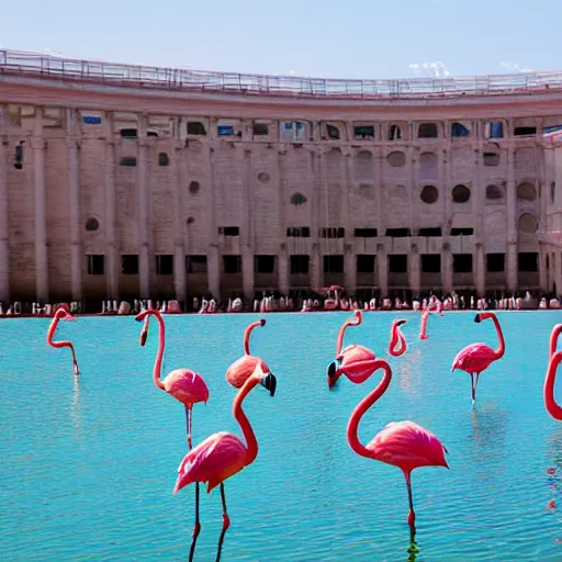 Prompt: reina sofia palace of the arts in valencia, several flamingos in the water.