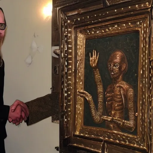 Image similar to A lizard person shaking hands with a religious icon, horror, black metal