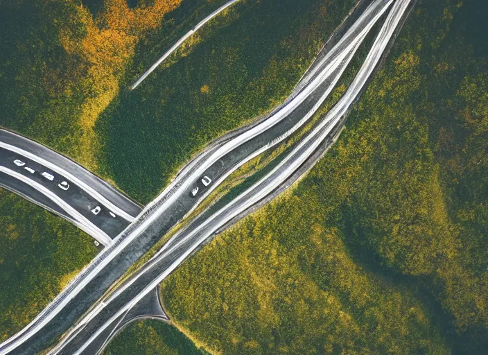 Prompt: symmetry!! a 2 8 mm macro aerial view of a beautiful winding mountain road in europe, photography, film, film grain, canon 5 0 mm, cinematic lighting